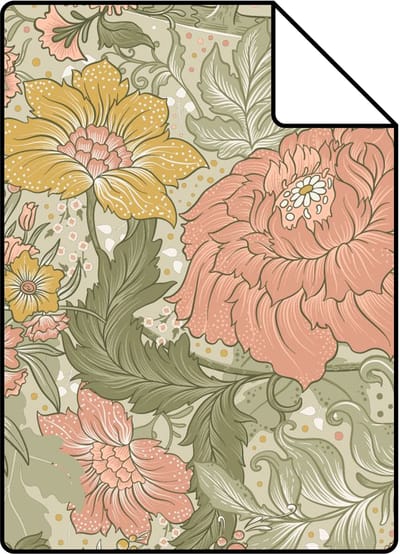 Proefstaal ESTAhome behang vintage bloemen vergrijsd groen, roze en okergeel - 26.5 x 21 cm - 131195-S