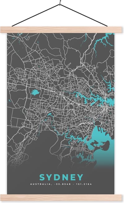 Posterhanger incl. Poster 40x60 cm - Schoolplaat - Sydney - Stadskaart - Plattegrond - Blauw - Kaart - Textielposter - Blanke latten - Stadskaart