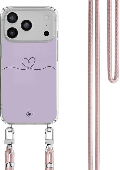 Casimoda® hoesje met rosegoud koord - Geschikt voor iPhone 17 Pro - Hart Lila - Afneembaar koord - TPU/polycarbonaat - Paars