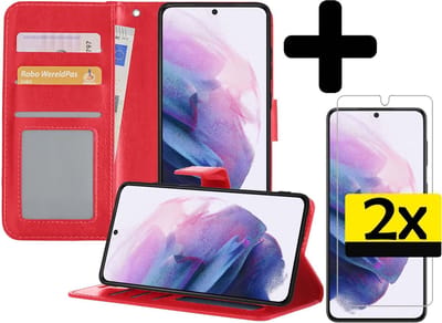 Hoesje - Met 2x Screenprotector - Geschikt voor Samsung Galaxy S21 - Luxe Pasjeshouder - Bookcase Portemonee - Flip Case - Kunstleer Book Case - Flipcase Hoes - Book Cover - Walletcase - Portemonneehoes - Telefoonhoesjes - Rood