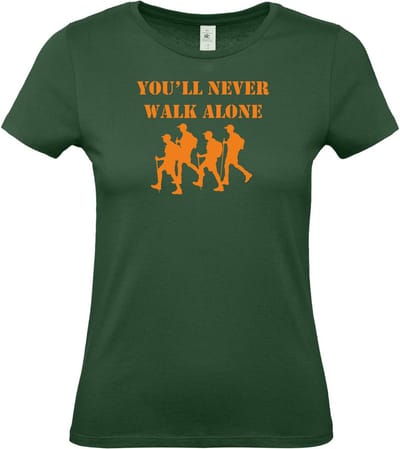 Dames T-shirt You'll never walk alone |Wandelvierdaagse | vierdaagse Nijmegen | Roze woensdag | Groen | maat XS