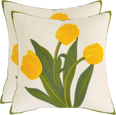 Set van 2 geborduurde kussenhoezen 45 x 45 cm - Tuinbloem decoratie voor woonkamer en slaapkamer