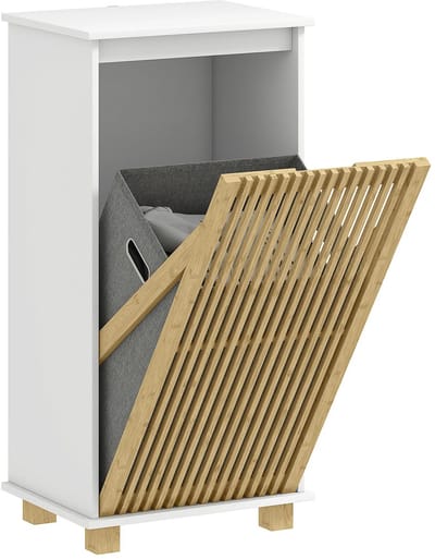 Sello! badkamerkast – badkamermeubel – geïntegreerde wasmand – uitneembare waszak – bamboe deur – wit – 40 × 30 × 80 cm.