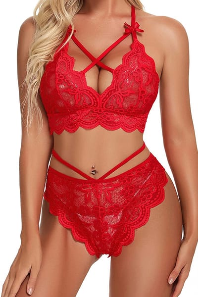 La Nuita Rood Sexy Lingerie Set met Kruisbandjes & Kant - BH en String - Verleidelijk 2-Delig Setje - Maten S t/m XL