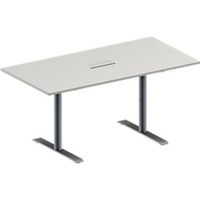 Schäfer Shop Genius Vergadertafel MODENA FLEX, in hoogte verstelbaar, 3-voudige contactdoos, rechthoekige vorm, T-poot ronde buis, B 1600 x D 800 mm, lichtgrijs