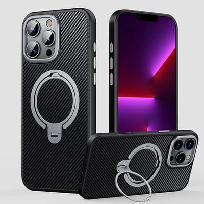 Hoesje geschikt voor iPhone 13 Pro Max Magsafe hoesje met Carbon uitvoering - 360° Draaibare Magnetische Standaard - Back Cover Kickstand Ring – Zwart