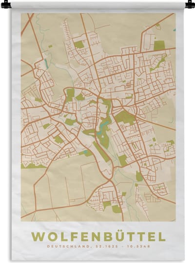 Wandkleed - Wanddoek - Wolfenbüttel - Kaart - Plattegrond - Stadskaart - Vintage - 120x180 cm - Wandtapijt