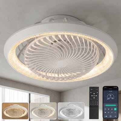 Rosnek Plafondventilator met Verlichting - 360° Roterende Luchtstroom - Stille Motor - App & Afstandsbediening - Dimbare LED - Kristallen Lampenkap - Plafondlamp met Ventilator Ø49cm