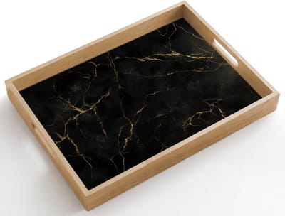 Dienblad hout 50x35 cm - Schootdienblad - Zwart marmer - Gouden aders - Klassiek - Borrelplank rechthoek - Plateau dienbladen