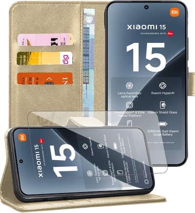 Hoesje geschikt voor Xiaomi 15 - Screenprotector Glas - Portemonnee Book Case Goud