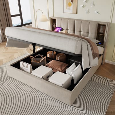 MEUNIQ gestoffeerd tweepersoons bed 160 x 200 cm met draadloos opladen, USB en USB-C, opbergruimte onder lattenbodem en open vakken in hoofdbord, naturel