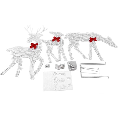Ensemble de Famille de Cerfs de Noël Lumineux 3 Pièces Décoration de Jardin Extérieur avec Lumières LED Nœuds Rouges Mère white