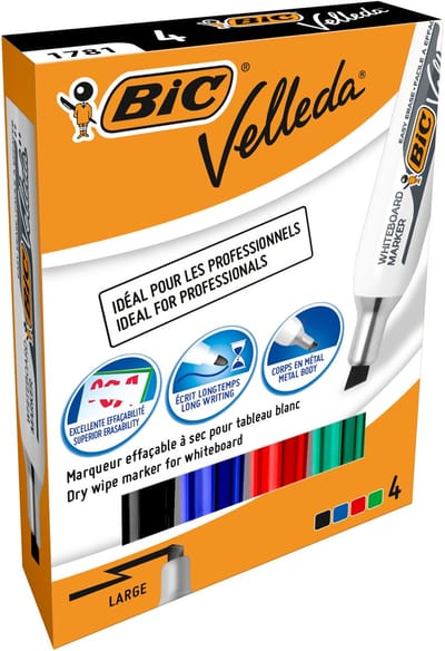 BIC Velleda 1791 Whiteboard Stiften voor Dry Erase- Grote Schuine Punt - Diverse Kleuren - 4 Stuks