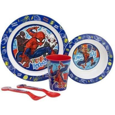 Marvel's Spider-Man Kinderservies - 5-delig - Herbruikbaar - Inclusief bord, kom, bestek en beker - Vaatwasser- en microgolfbestendig & BPA-vrij - Wit/Blauw/Rood
