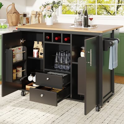 MEUNIQ Keukeneiland 137,9 x 73 x 92,2 cm met opklapbaar werkblad, 2 lades, 2 deuren, wijnrek, open vakken en wieltjes voor keuken en eetruimte, zwart