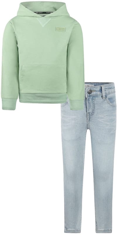 Koko Noko - Kledingset - Basic Collection - Bio Cotton - Blue jeans - Sweater with hood Faded green - Maat 92