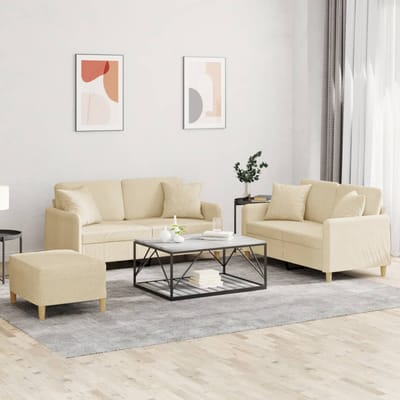 vidaXL - 3-delige - Loungeset - met - kussens - stof - crèmekleurig