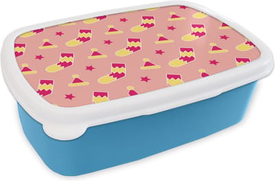 Broodtrommel Blauw - Lunchbox - Brooddoos - Sokken - Patronen - Kerst - 18x12x6 cm - Kinderen - Jongen