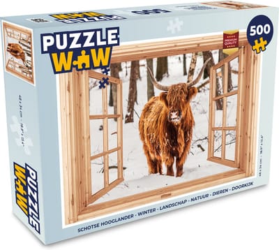 Puzzel Schotse Hooglander - Winter - Landschap - Natuur - Dieren - Doorkijk - Legpuzzel - Puzzel 500 stukjes