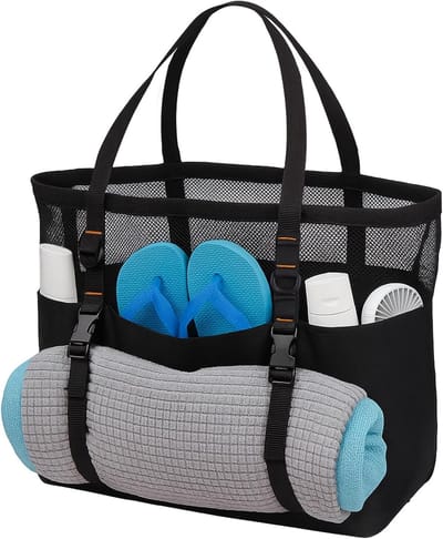Grote Strandtas voor Vrouwen met Meerdere Vakken, Mesh Strandtas met Rits, Ideaal voor Winkelen, Reizen en Kamperen