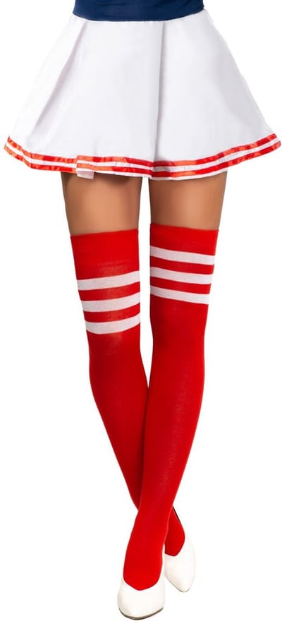 Partychimp Voordeelverpakking 6 pack Cheerleader Overknee Kousen voor bij Cheerleader Kostuum Dames Carnaval Carnavalskleding Dames Carnaval Accessoires Verkleedkleren Volwassenen - Wit/Rood - Katoen/Polyamide/Elastaan - One-Size - 6 pack