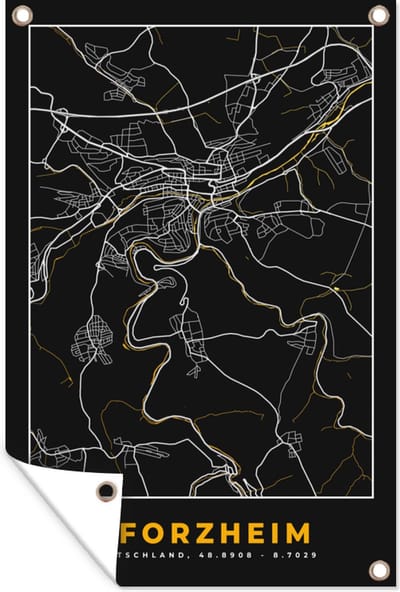 Muurdecoratie Pforzheim - Goud - Plattegrond - Stadskaart - Duitsland - Kaart - 120x180 cm - Tuinposter - Tuindoek