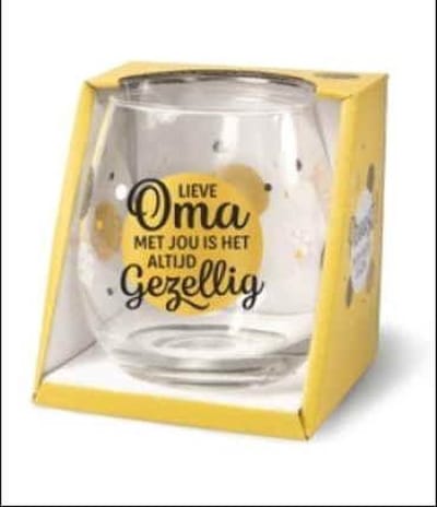 Wijnglas - Waterglas - Lieve Oma met jou is het altijd gezellig - In cadeauverpakking met gekleurd lint