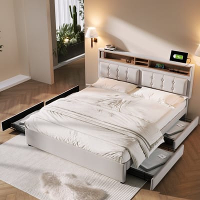 DESMIU Gestoffeerd Bed 160x200cm Met Matras – Hoofdbord Met Verstelbare Hoogte En Oplaadpunt – Vier Laden En Opbergvakken – Voor Slaapkamer – Linnenstijl – Beige