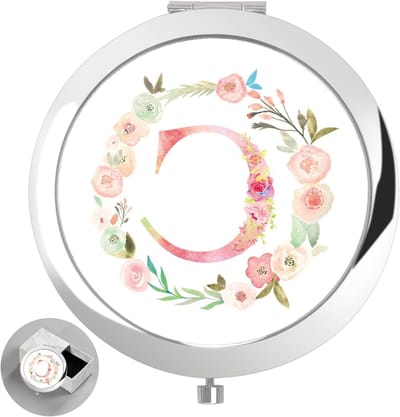 Gepersonaliseerd Make-up Spiegeltje - Zakspiegel Cadeau - Mooi Presenteren - Bloemen Initiaal - 7 cm Rond - Zilverkleurig