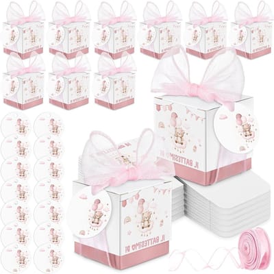 Christening Gift Wrapping Set met 50 Stukken, Personaliseerbare Naamkaarten, Cadeaulint en Teddybeer- en Regenboogthema (Roze)