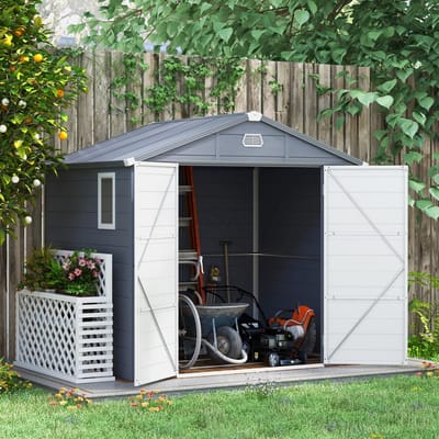 MEUNIQ Gereedschapsschuur 240 x 190 x 228 cm met raam en ventilatieopeningen, kunststof tuinschuur voor tuin of achtertuin, grijs