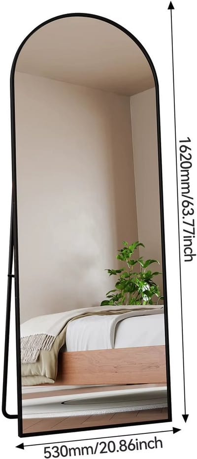 JOYNEXTBUY - Staande Spiegel - Vrijstaande Spiegel - Gebogen Spiegel - Vloerspiegel - 162 cm x 63 cm - Aluminium Frame - Zwart