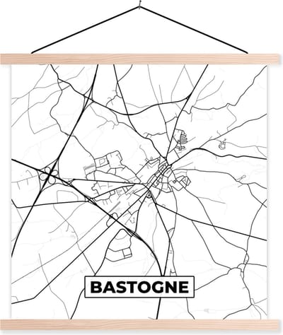 Posterhanger incl. Poster 40x40 cm - Schoolplaat - Zwart Wit – België – Plattegrond – Stadskaart – Kaart – Bastogne - Textielposter - Blanke latten - Stadskaart