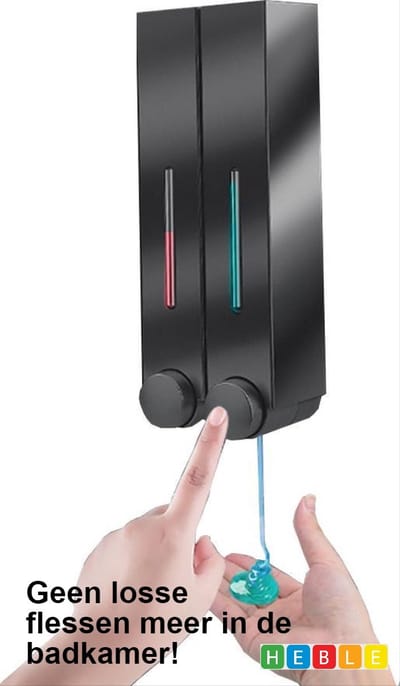 *** Hotel Zeepdispenser Zeeppompje voor Wandmontage - Hangend - 2 Reservoirs, 2 Kamers, 430ml - Zwart - van Heble® ***