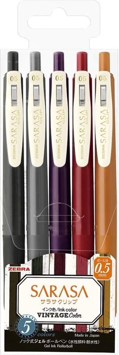 Zebra Sarasa Clip Gel Pen - 0.5 mm - Vintage Color # 2 – 5 Color Set + 5 Vintage Color Refills + Extra een Zebra Two Sided Brushpen