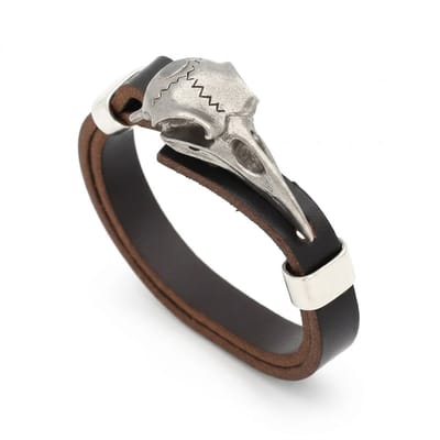 Heren armband – zwart PU leren band met zilverkleurige kraaien schedel – verstelbaar