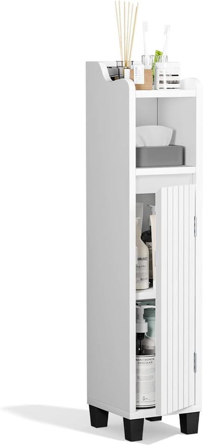 Famanu – Smalle vrijstaande badkamerkast met deur en verstelbare planken toiletpapier opbergkast