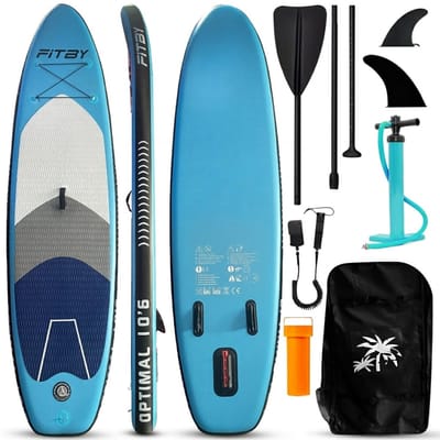 Fitby Sup Board - Surfboard - Paddle board - Opblaasbaar - Verstelbare Peddel - Pomp - Draagtas - Max 150kg - 320X80cm - Blauw