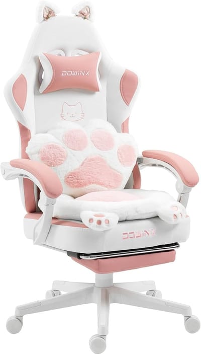 Dowinx Gamingstoel – Ergonomisch – Stoff – Roze – Kattenpoot-design – Met voetsteun – Verstelbaar – PC/Gamer stoel voor volwassenen