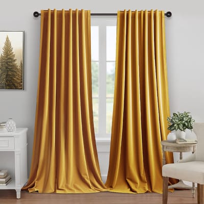 MUPOO Hotelkwaliteit Luxe Velours verduisterend Gordijnen Kant en Klaar 2 Stuks -Zware kwaliteit 260 GSM-Isolerend & tegen kou -Tochtwerend - 3-in-1 ophangsysteem- Logeerkamer &Slaapkamer - Geel - 132x305 cm