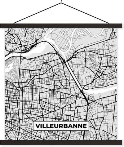 Posterhanger incl. Poster 60x60 cm - Schoolplaat - Kaart - Stadskaart - Villeurbanne - Plattegrond - Frankrijk - Textielposter - Zwarte latten - Stadskaart