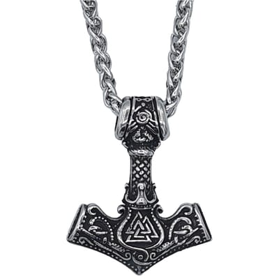 Tesoro Mio Michel – Viking Ketting - Hamer Met Valknut & Kroon - Edelstaal L 60 cm, B 4 mm - Hanger 4.4 x 3.5 cm