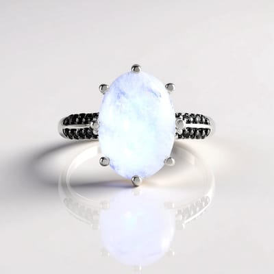 Cavill - Zilveren Ring met Regenboog Maansteen 5,957 ct - Ovaal Cabochon - 925 Sterling Zilver Geplatineerd - 20 Zwarte Spinel - Luxe Sieraad Dames