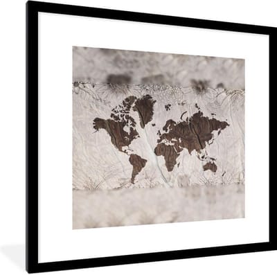 Poster in lijst - Fotolijst 40x40 cm - Posters - Wereldkaart - Bruin - Bloem - Posterlijst zwart - Decoratie - Wanddecoratie woonkamer - Muurdecoratie slaapkamer
