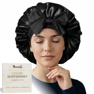 Boncy® Luxe Bonnet Satijn met Strik - Satijnen Slaapmuts Verstelbaar - Zijde Haarnetjes voor Krullen - Krullend Haar Dames - Satin - Zwart