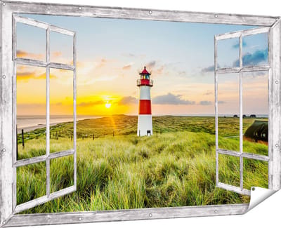 Gards Tuinposter Doorkijk Vuurtoren met Zonsopgang op een Eiland - 180x120 cm - Tuindoek - Tuindecoratie - Wanddecoratie buiten - Tuinschilderij