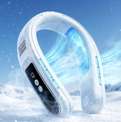 Nek-airco met 2 ijskoude koelplaten – draagbare nekventilator die koude lucht blaast (oplaadbaar, bladloos, dual turbo) – met led-scherm – zomergeschenk voor reizen, strand, golf of kantoor (voor dames)
