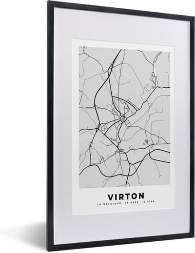 Fotolijst incl. Poster Zwart Wit- Stadskaart – Plattegrond – België – Zwart Wit – Virton – Kaart - 40x60 cm - Posterlijst