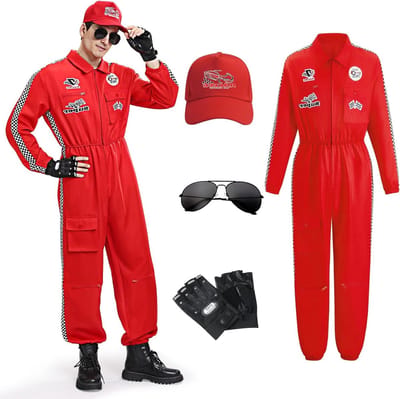 Racer Kostuum voor Mannen met Hoed, Zonnebril en Handschoenen - Perfect voor Carnaval, Feest en Cosplay