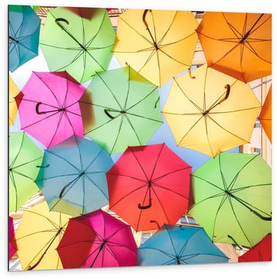 Dibond - Onderkant Gekleurde Paraplu's - 100x100cm Foto op Aluminium (Met Ophangsysteem)